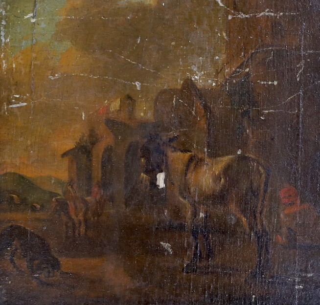 J. Seymour Lindsay, oil on card, The Thames at Wapping, signed, 28 x 38cm, unframed, together with a 19th century oil of shipping and a small Flemish oil on panel of figures and a donkey